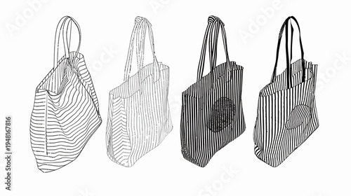 Four line-art style tote bags with straps, varying in line weight and stripe patterns, on white