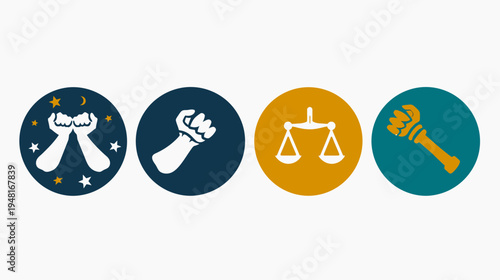 Four symbolic circular icons. Hands, fist, scales, & mace/scepter on white