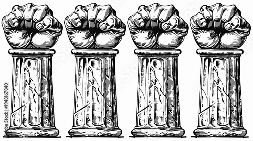 Vector illustration four stone columns topped with clenched fist statues