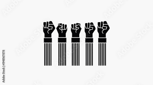 Five raised black fists with striped arms on a white background