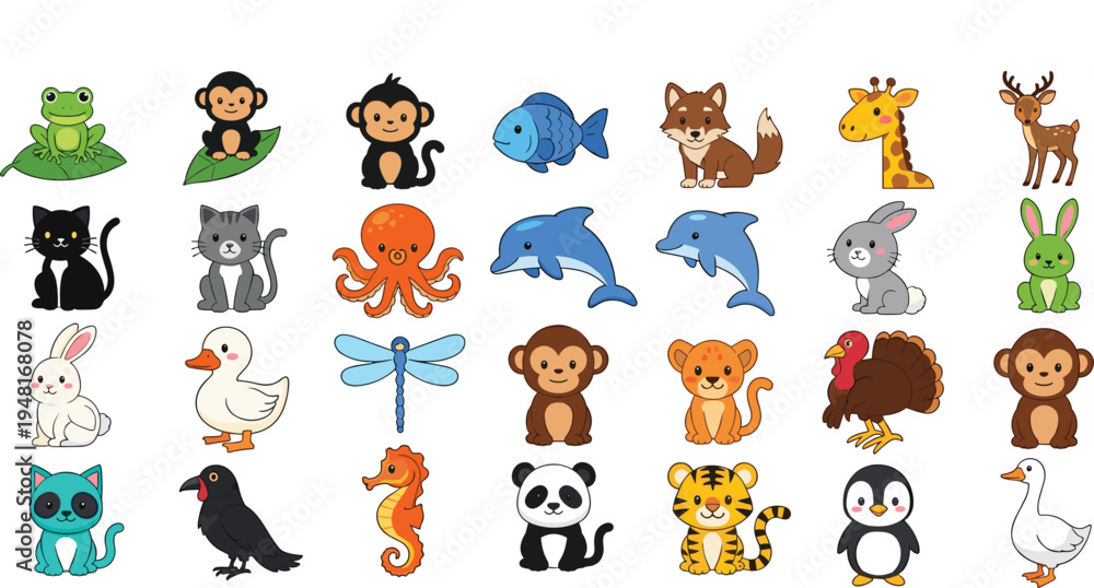 Fototapeta premium Cute Cartoon Animals Collection Monkey Panda Tiger Dolphin Rabbit Vector Illustration Set