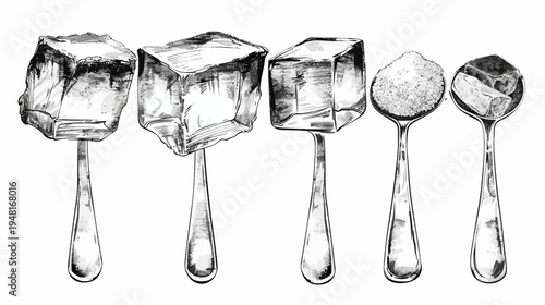 Five spoons hold cubes and granulated material in a sketchy grayscale illustration