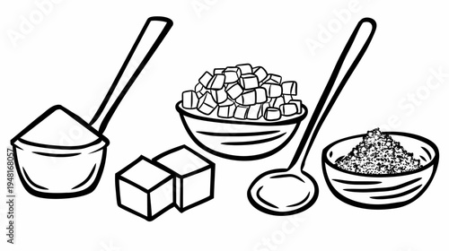 Black and white line art of assorted sugar types with spoons and bowls