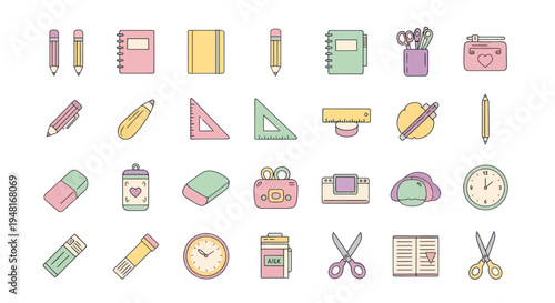 Collection of colorful school supply icons