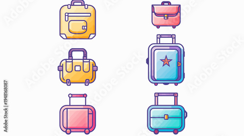 Assortment of six colorful, outlined cartoon luggage pieces with wheels and handles