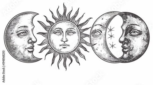 Etched illustration of sun and moon faces, monochrome art with halftone pattern shading
