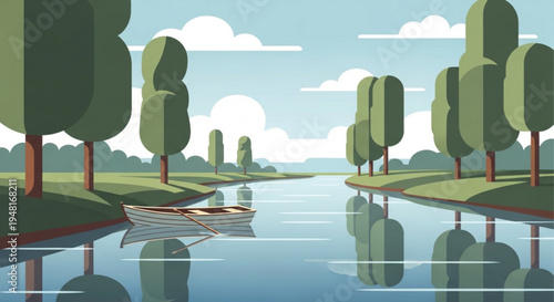 Serene river landscape with a small boat on calm water surrounded by lush green trees and a cloudy sky