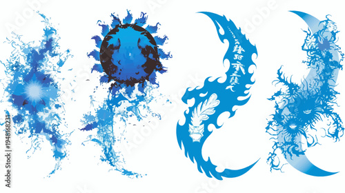 Four blue mystical celestial elements starburst, sun, crescent moon with text, moon with tendrils