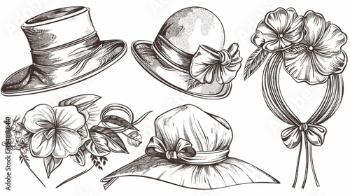 Decorative drawing features five ornate vintage hats and flower arrangements on white