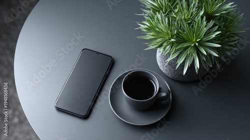 Minimalist workspace flat lay overhead view with coffee and plant promoting strategic thinking and problem solving