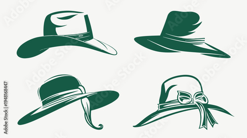 Four green hat styles in minimalist art with a white background and bold outlines