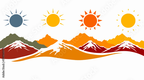 Colorful mountains under four suns graphic, featuring varied hues and stylized peaks