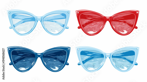 Illustration of four pairs of retro-style cat-eye sunglasses in varied blue & red shades
