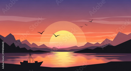 Serene sunset over calm lake with boat and mountains in silhouette