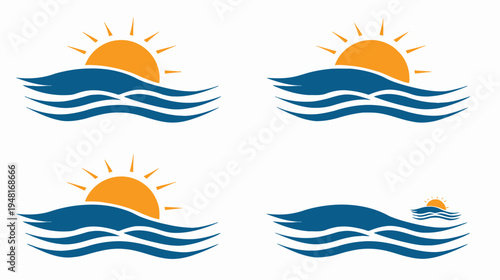 Illustration of stylized orange sunrises over blue wavy waters; four variations on white