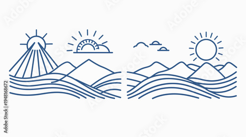 Dual landscape scene in line art of mountain ranges, sunbursts, and waving water, blue