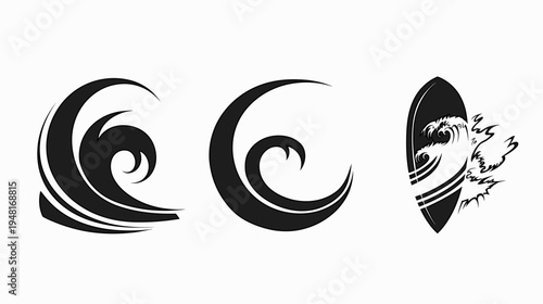 Monochrome artwork depicts abstract waves & a surfboard in a dynamic, graphic style