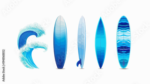 Varied blue surfboards lined up next to a wave, all facing the viewer, on white