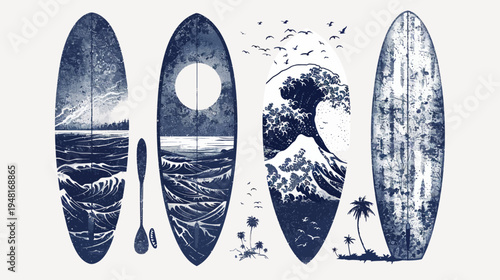 Four surfboards feature monochrome nautical scenes, waves, sunsets, palm trees, and birds