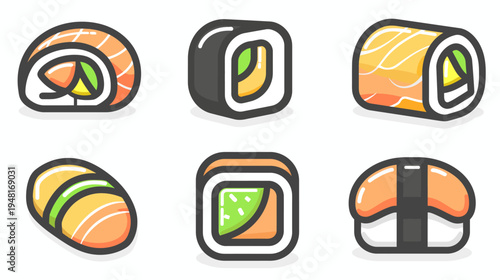 Cartoon sushi selection with salmon and avocado, outlined in black, set against a white background