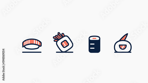 Four sushi icon set in a row in shades of dark blue and orange on a white background