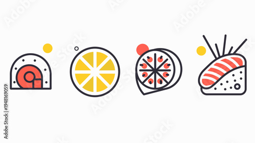 Four icons line up in a row patterned dome, citrus slice, berry dessert, exotic pastry