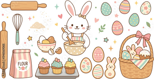 Cute Easter baking collection with bunny eggs basket cupcakes flour whisk and kitchen tools vector illustration set