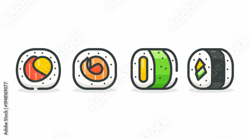 Four cartoonish sushi rolls, varying in fillings and nori, on a white backdrop