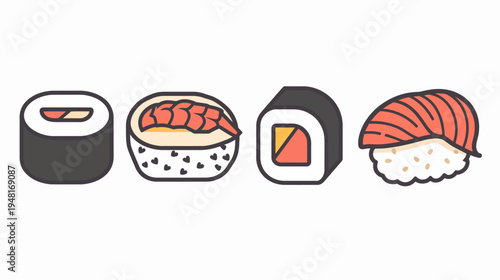 Four sushi rolls displayed in a row, rendered with simple lines and shapes