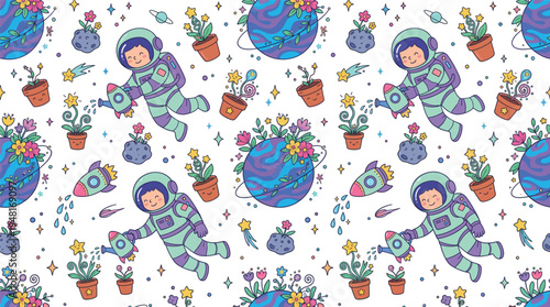 Cute astronaut seamless pattern with planets rockets flowers and space elements colorful cartoon vector background