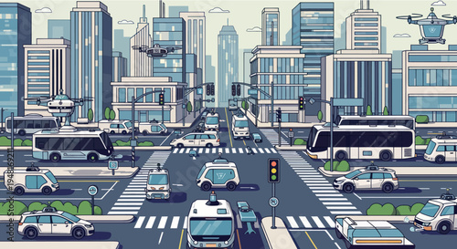 Futuristic Cityscape with Autonomous Vehicles and Drones