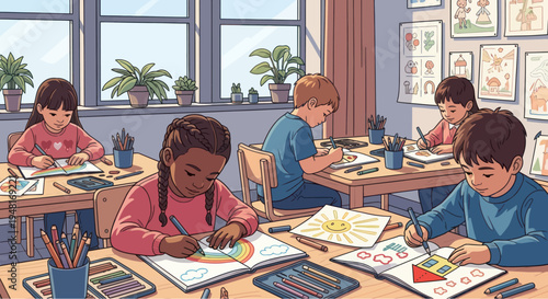 Children Drawing and Painting in a Bright Classroom