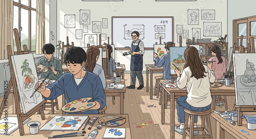 Art class in session: students painting at easels, teacher instructing