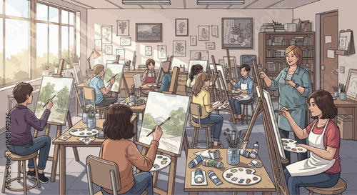 Art Class: Students Learning to Paint Landscapes with Teacher Guidance