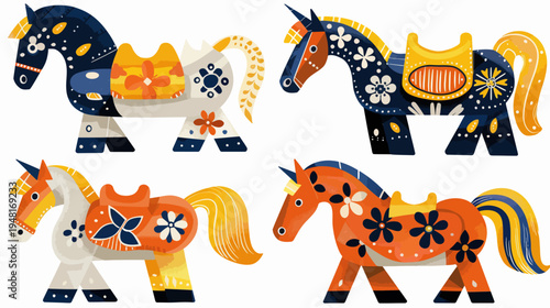 Four stylized, wooden horses, each uniquely decorated, set against a plain white background