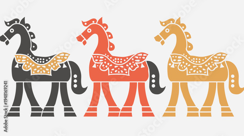 Three stylized horses stand side-by-side in varying colors on a plain white background