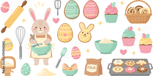 Cute Easter baking collection with bunny cupcakes eggs cookies flour whisk rolling pin vector illustration set