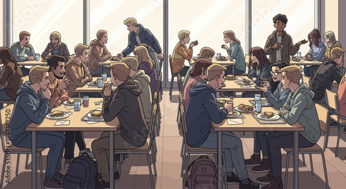 Diverse students eating lunch together in a bright, modern cafeteria.