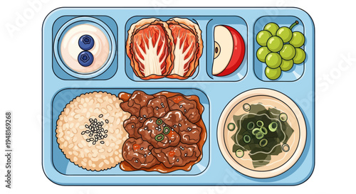 Pixel Art Korean Lunch Tray with Bulgogi, Rice, Kimchi, Fruit, and Yogurt