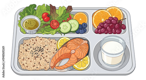 Healthy Balanced Meal Tray: Salmon, Salad, Fruit, Grains & Yogurt