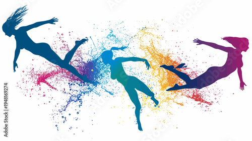 Three silhouettes of women amidst exploding multicolored paint on a white background
