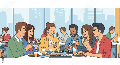 Diverse friends enjoying lunch together at a modern cafe with city view
