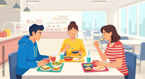 Diverse friends enjoying lunch together in a bright, modern cafeteria.