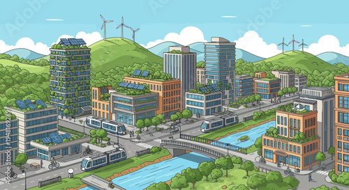 Sustainable Cityscape: Eco-friendly buildings, wind turbines, solar panels, trams, green living