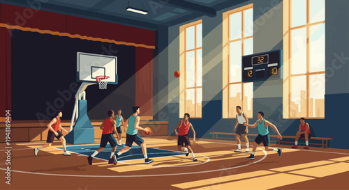 Basketball players in gymnasium during a game, pixel art style