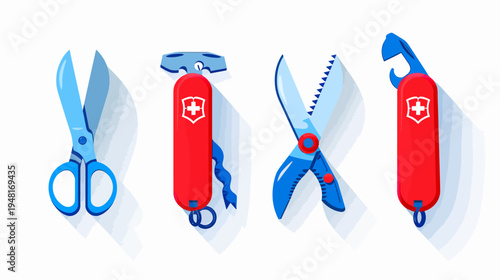 Flat illustration of four tools scissors, multi-tool knife, serrated scissors, and bottle opener
