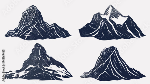 Four stylized textured dark blue mountain illustrations isolated on a light background
