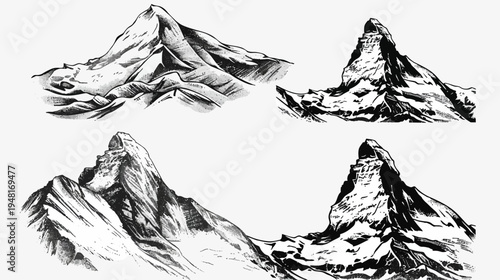 Four mountain sketches, black and white, varying angles and peaks, detailed and rough