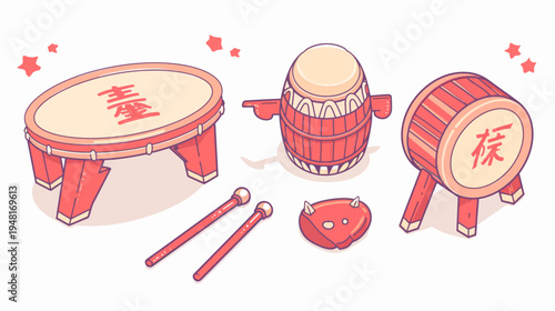 A pixelated illustration of traditional instruments and a drum cover on a white background