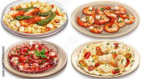 Four plates of food with pasta, shrimp, tomatoes, and other vegetables, a colorful display